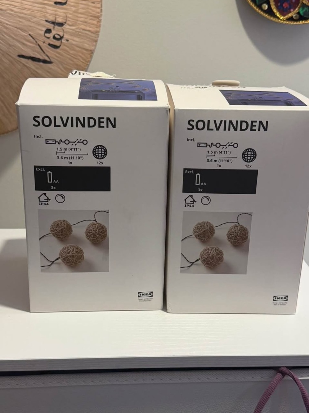 IKEA SOLVINDEN String Lights — White Boxes with Natural Brown Spheres